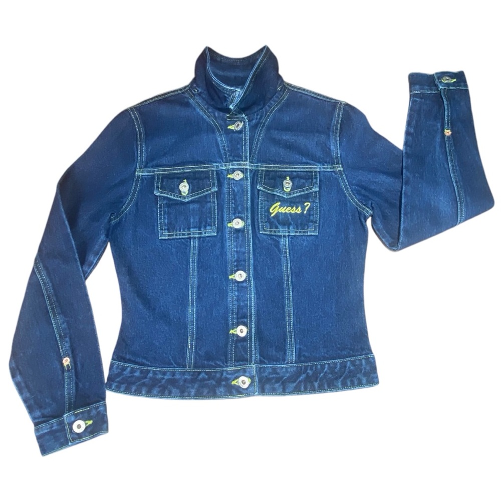 Guess Vintage 90’s Dark Denim Jacket w/ Neon Yellow Stitching size M